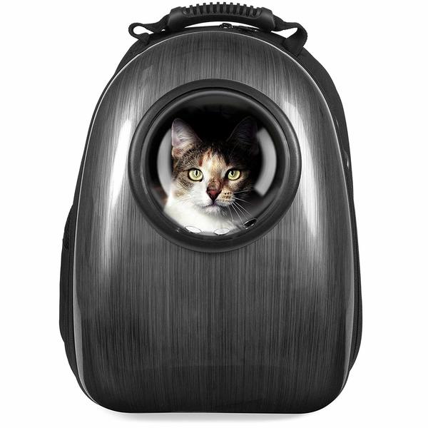 Best Choice bubble window backpack with black plastic cover and cat inside the bubble window.