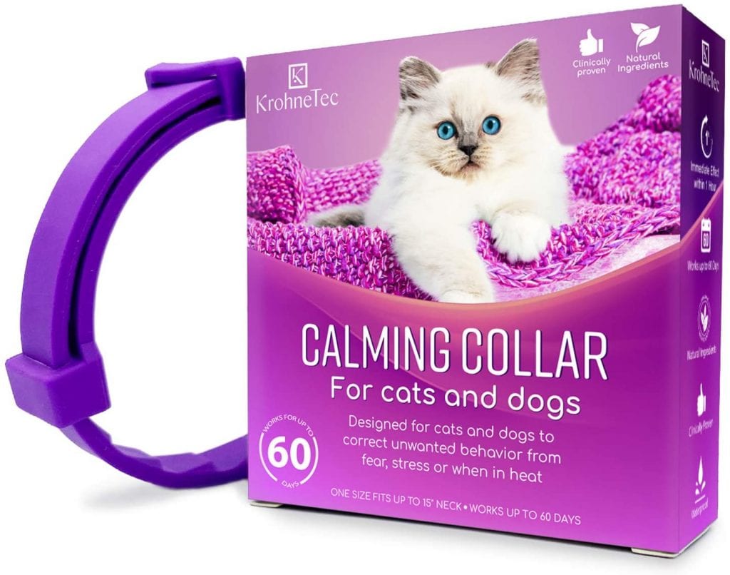 Half look of Krohnetec cat calming collar beside its purple cat collar box