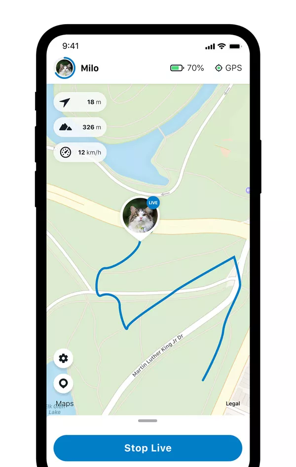 Live tracking feature on Tractive cat GPS tracker