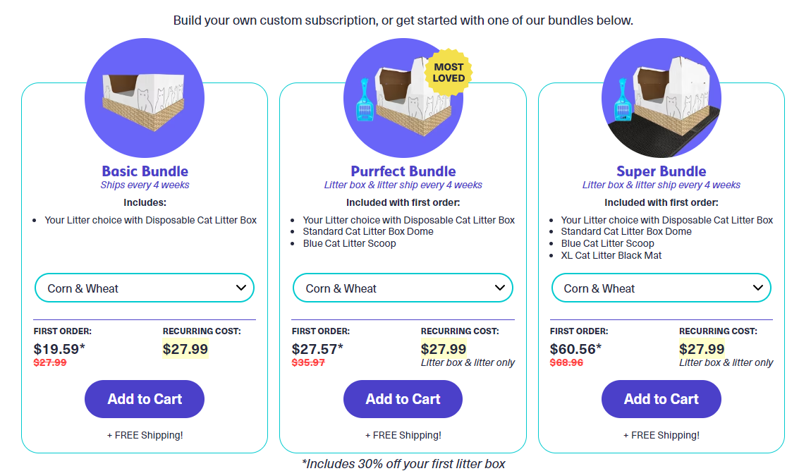 Kitty Poo club subscription options and pricing.