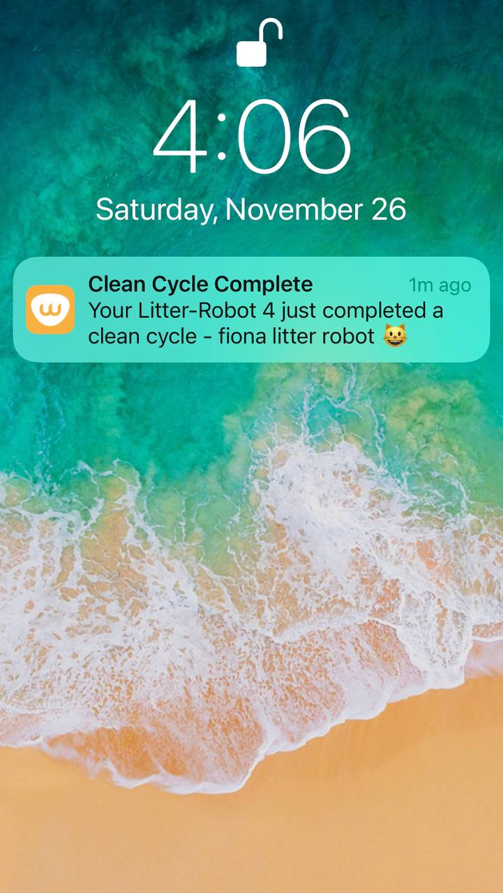 Real-time notification from Whisker app that Litter Robot 4 cycle is done