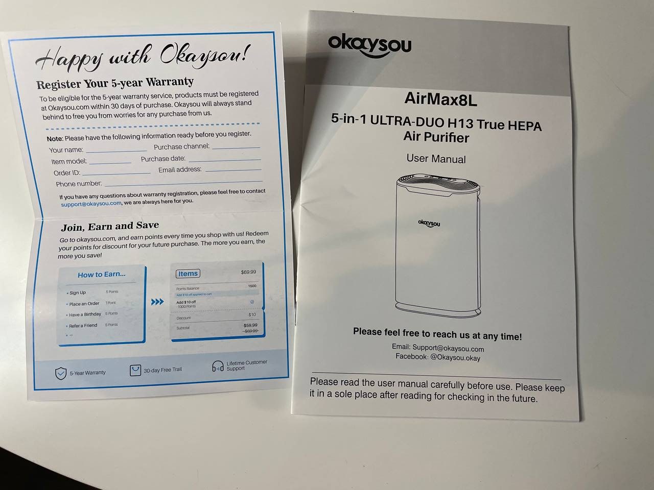 5 year warranty comes with Okaysou air purifier