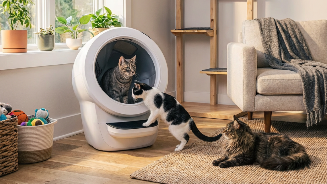 Three cats using and observing a Litter-Robot 4 automatic litter box in a living room, showing how the self-cleaning litter box works for multiple cats