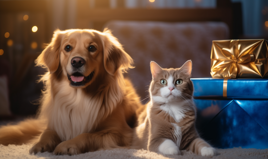 Cat and Dog with Gifts