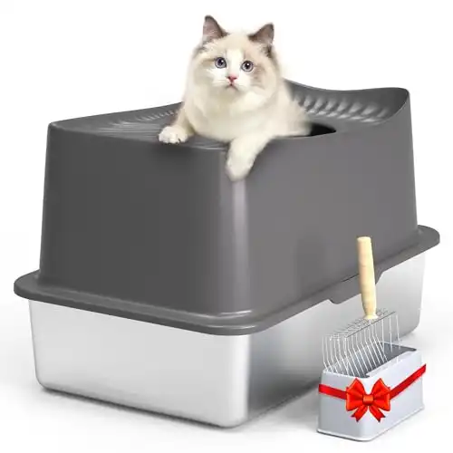 Stainless Steel Cat Litter Box, Enclosed Extra Large Litter Box High Sides