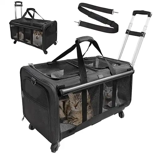 LIONROGE Double-Compartment Pet Rolling Carrier with Wheels