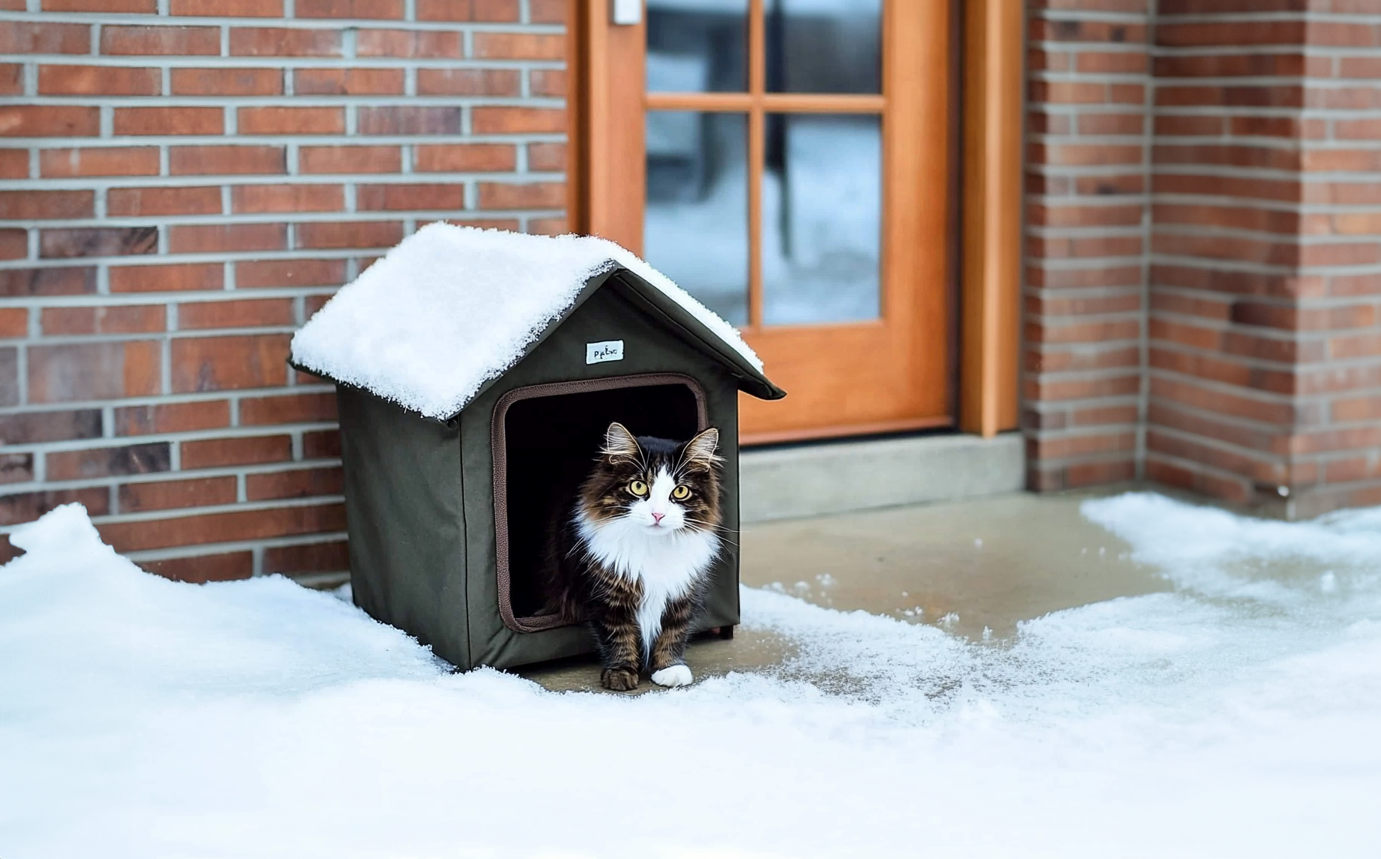 outdoor heated cat houses on cold day