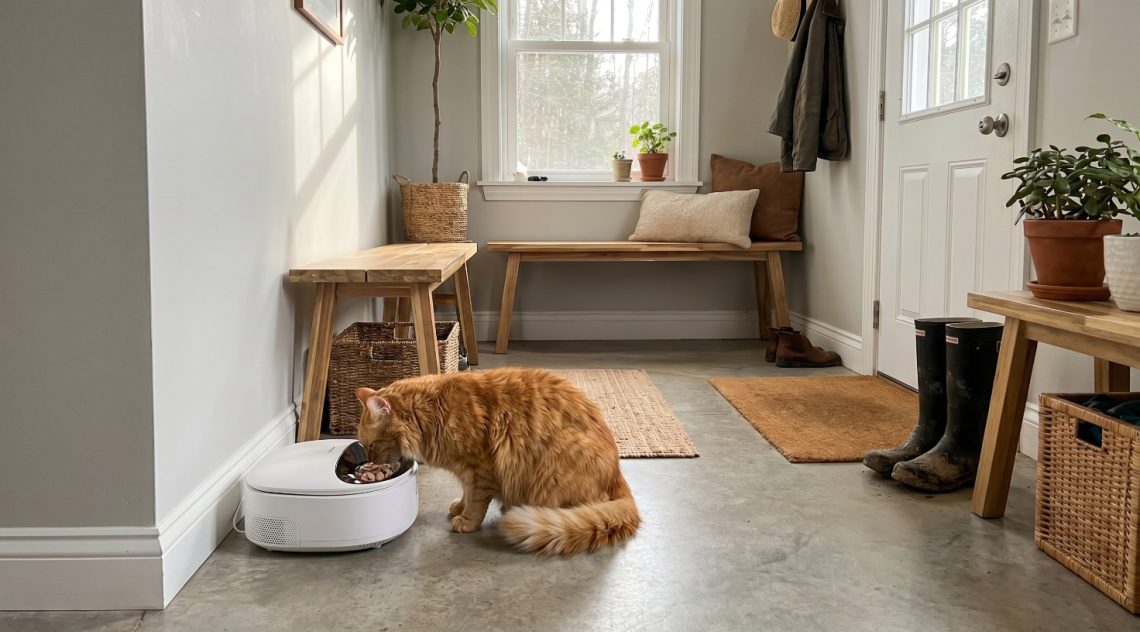 cat eating out of an automatic feeder