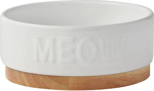 Frisco Round Meow Non-skid Ceramic Cat Bowl with Wood Base