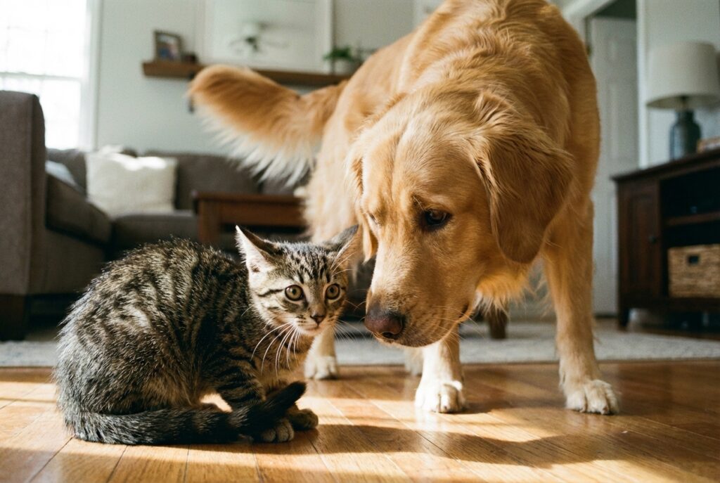Kitten and dog meeting for the first time
