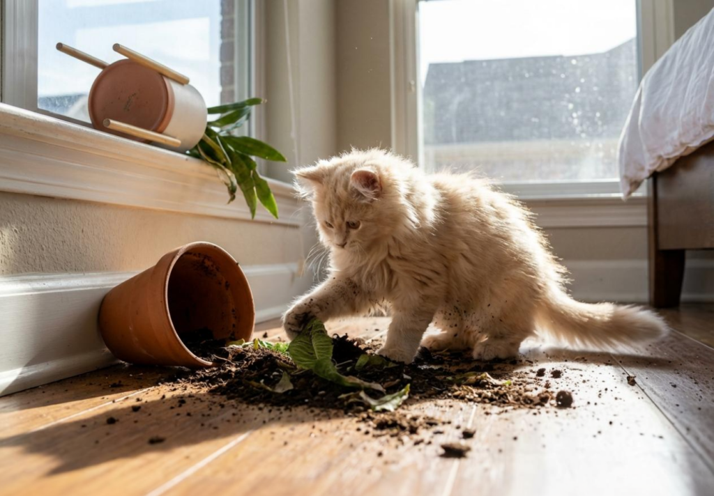 kitten knocking over plant in bedroom