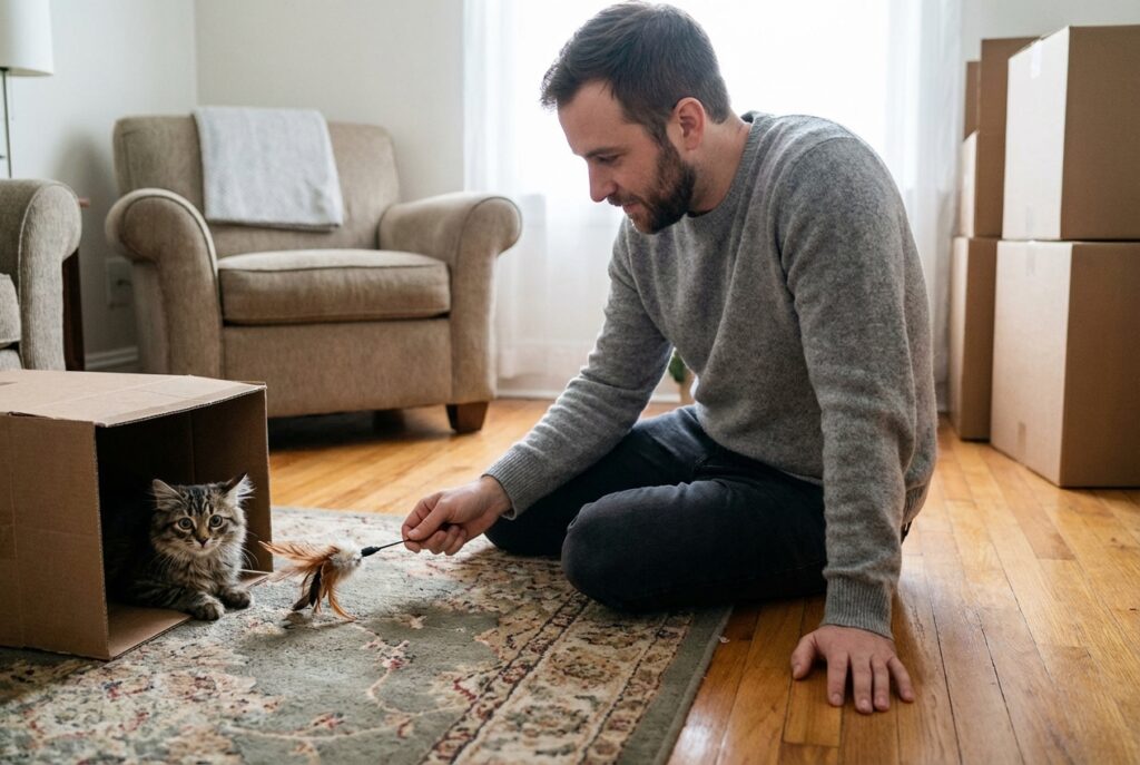 Man and kitten playing and trying to bond at home