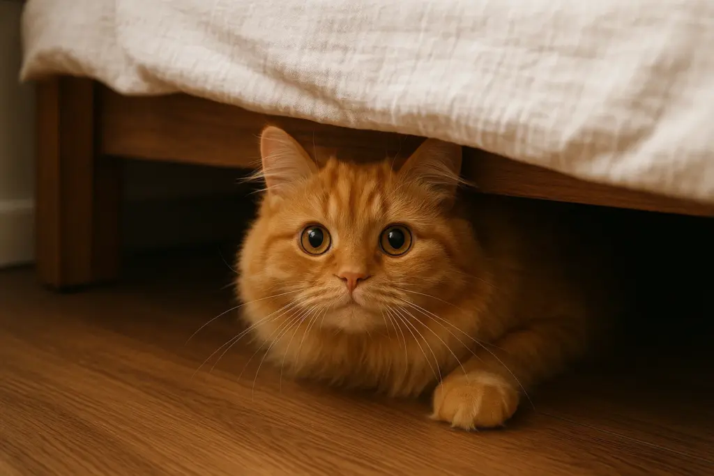 fluffy orange cat hiding under bed