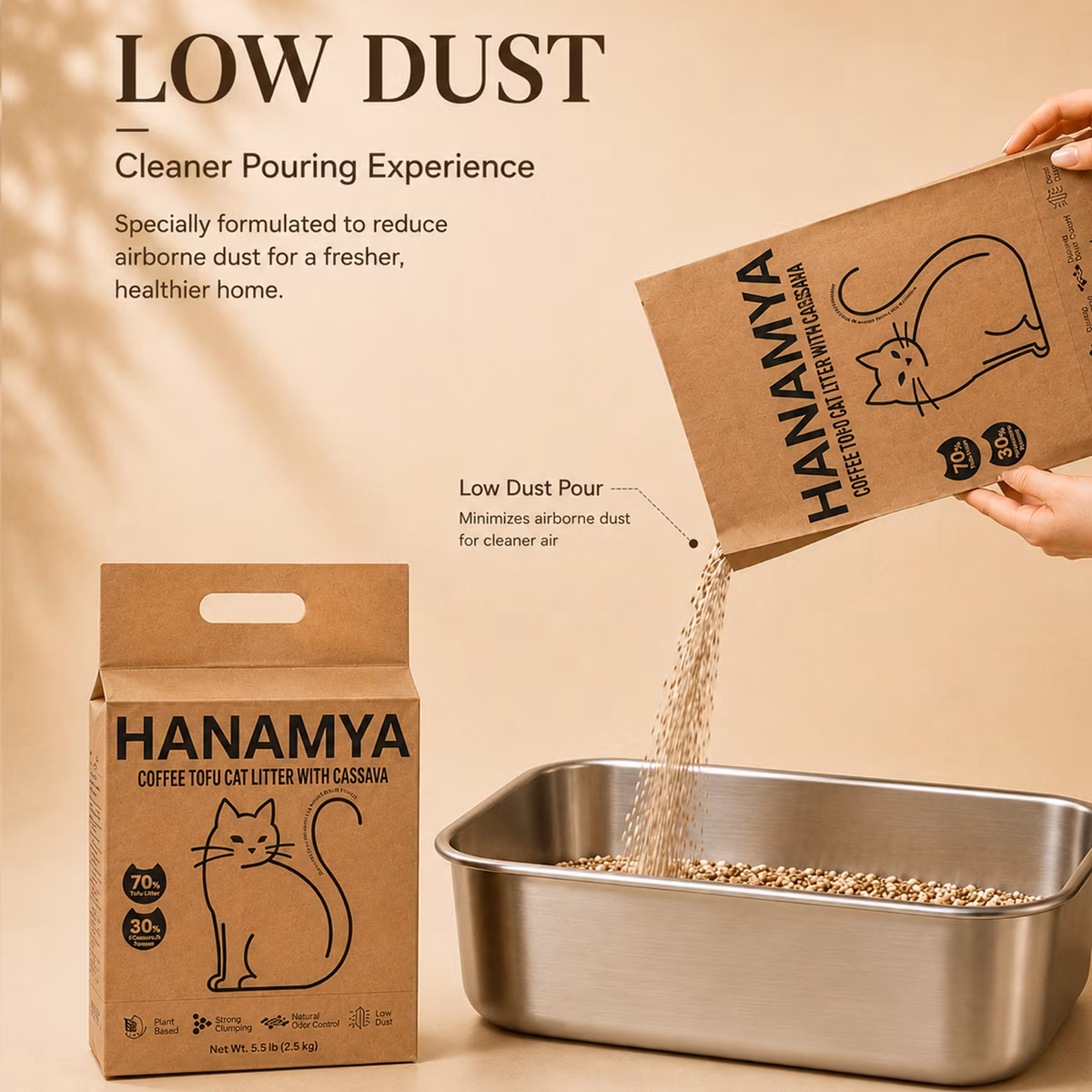 HANAMYA Natural Odor Control Clumping & Low Dust Tofu & Cassava with Recycled Coffee Grounds Cat Litter