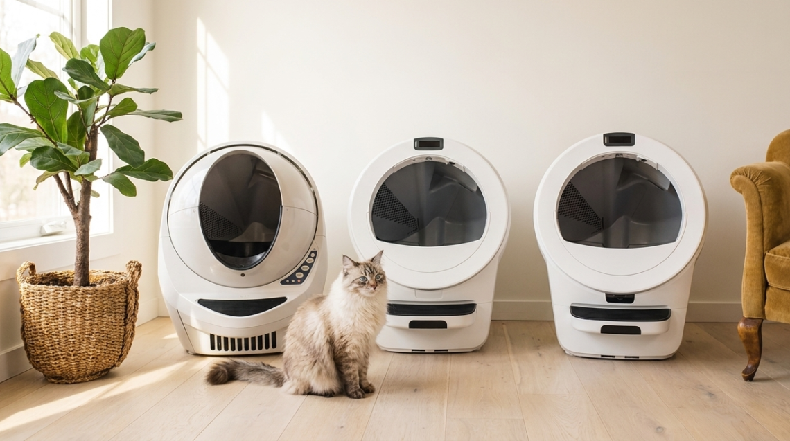 Litter Robot 3, 5 and 5 Pro in a room with a cat