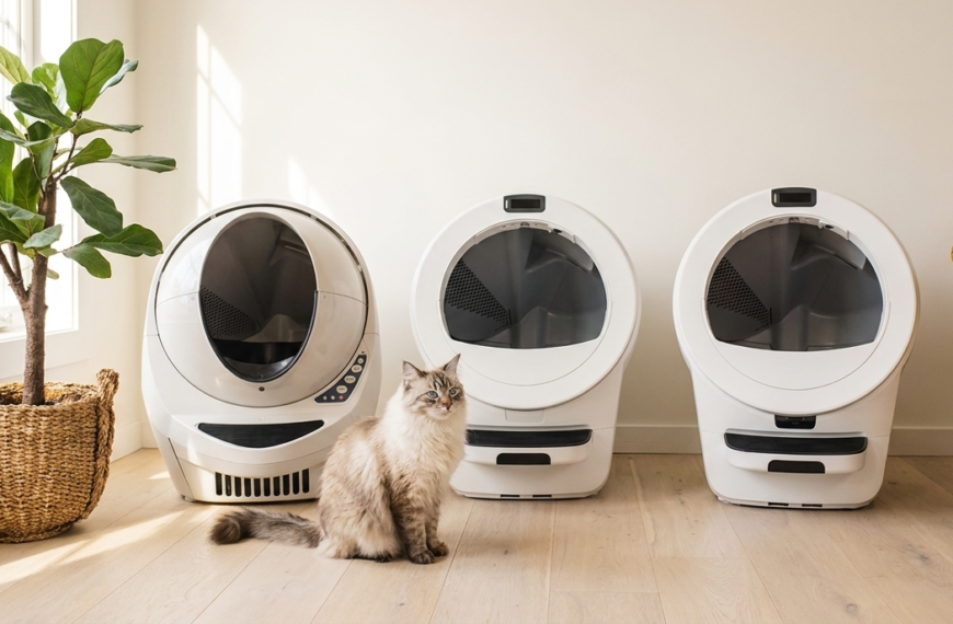 Litter Robot 3, 5 and 5 Pro in a room with a cat